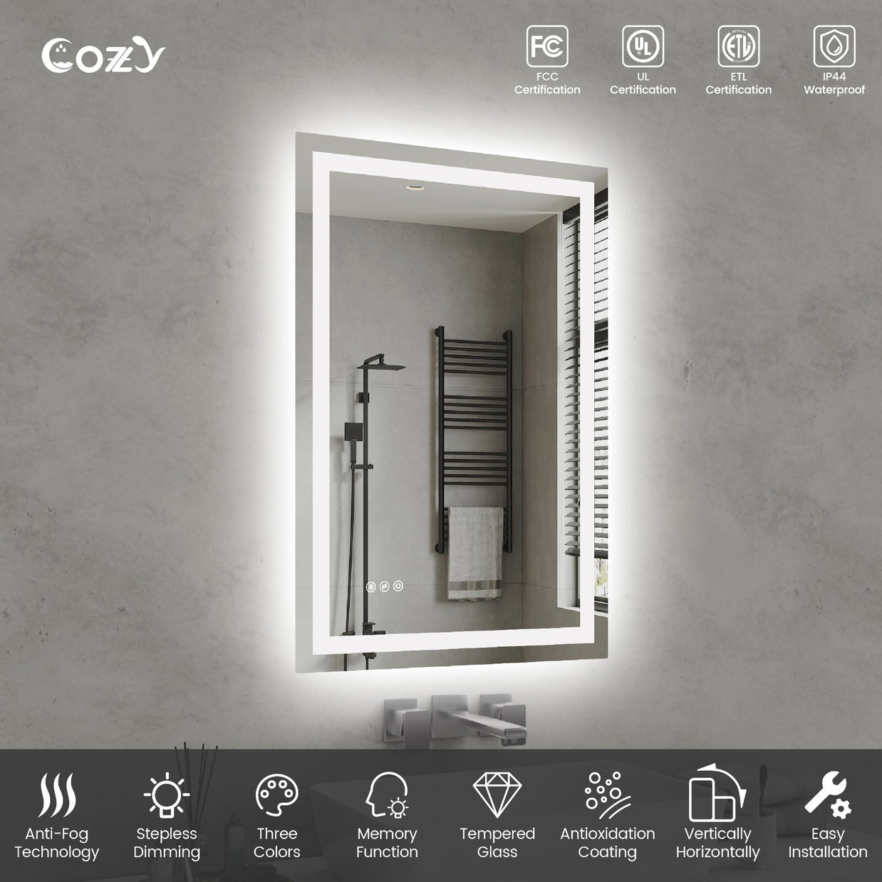 24x36'' LED Bathroom Mirror Wall Vanity Mirror Dimmable Anti-fog Tempered Glass