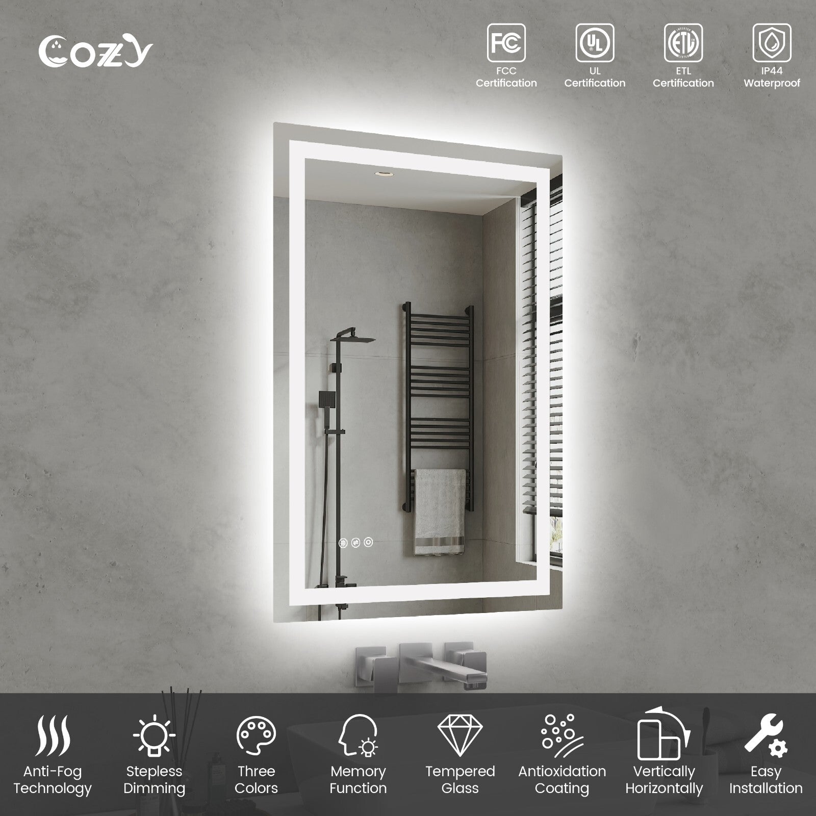 24x36'' LED Bathroom Mirror Wall Vanity Mirror Dimmable Anti-fog Tempered Glass