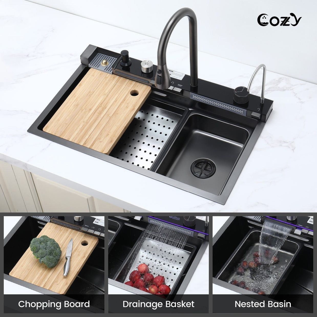 Cozy 29.5x17.7 Multifunctional Workstation Overmount Kitchen Sink Faucet Combo