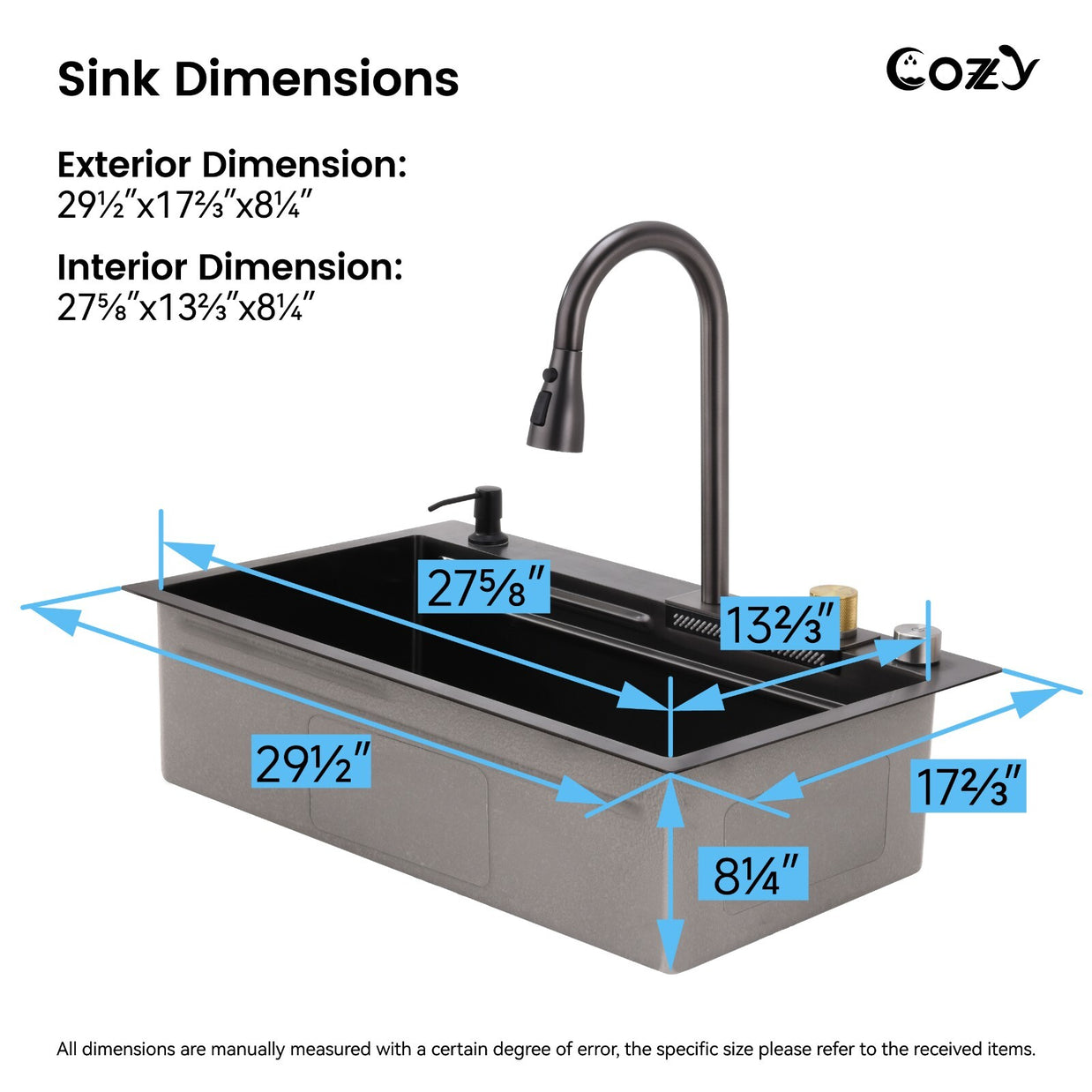 29.5'' Multifunctional Overmount Sink Pull-down&Waterfall Faucet&Cutting Board