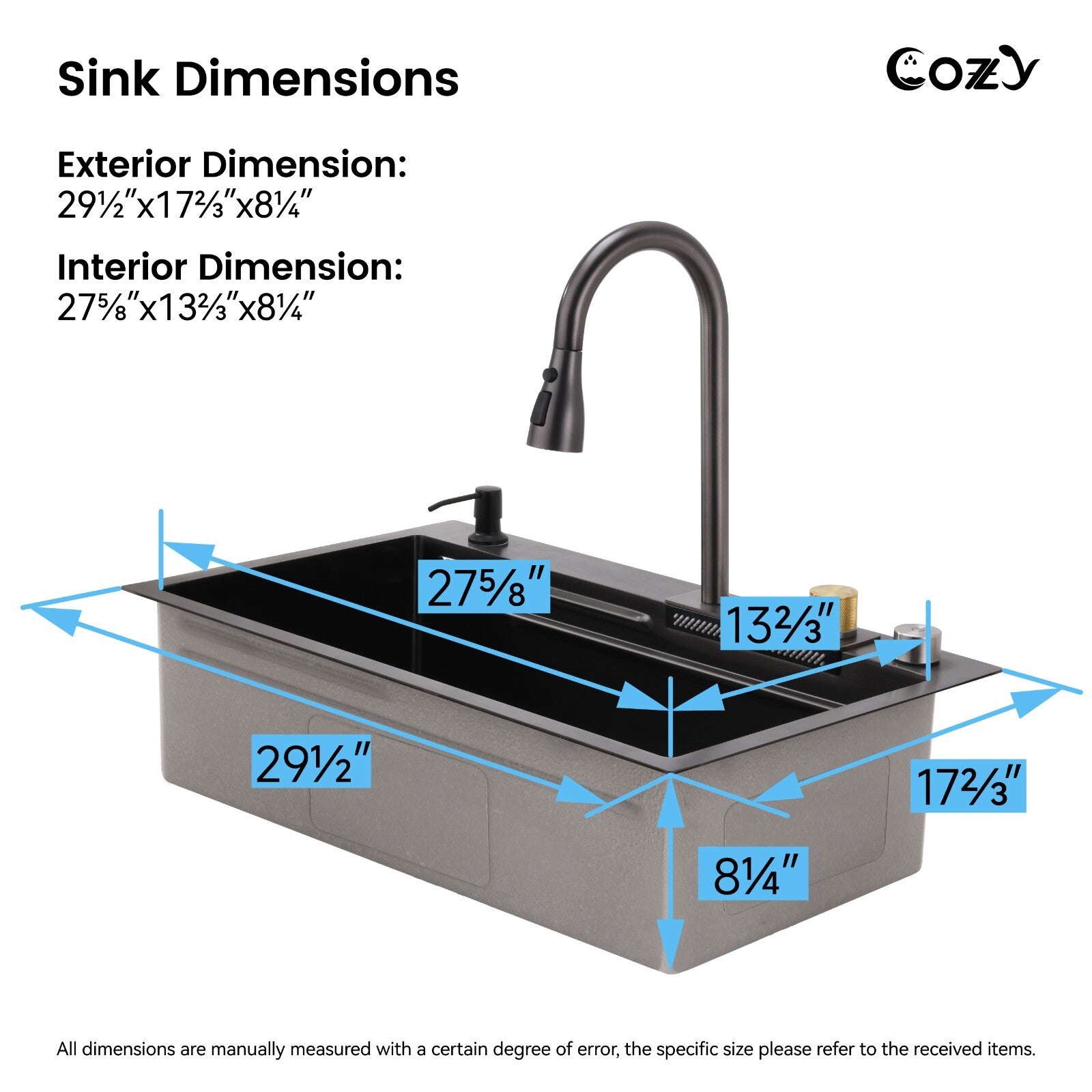 29.5'' Multifunctional Overmount Sink Pull-down&Waterfall Faucet&Cutting Board