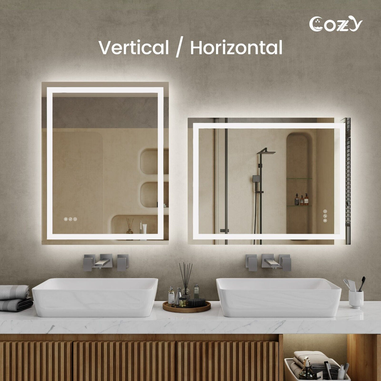 24x36'' LED Bathroom Mirror Wall Vanity Mirror Dimmable Anti-fog Tempered Glass
