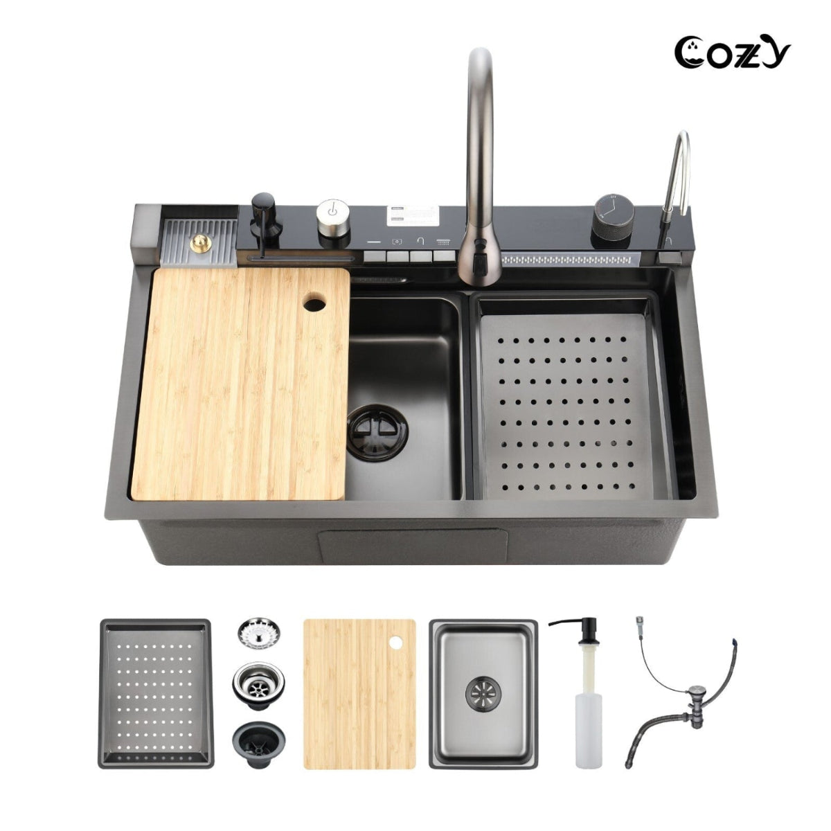 Cozy 29.5x17.7 Multifunctional Workstation Overmount Kitchen Sink Faucet Combo