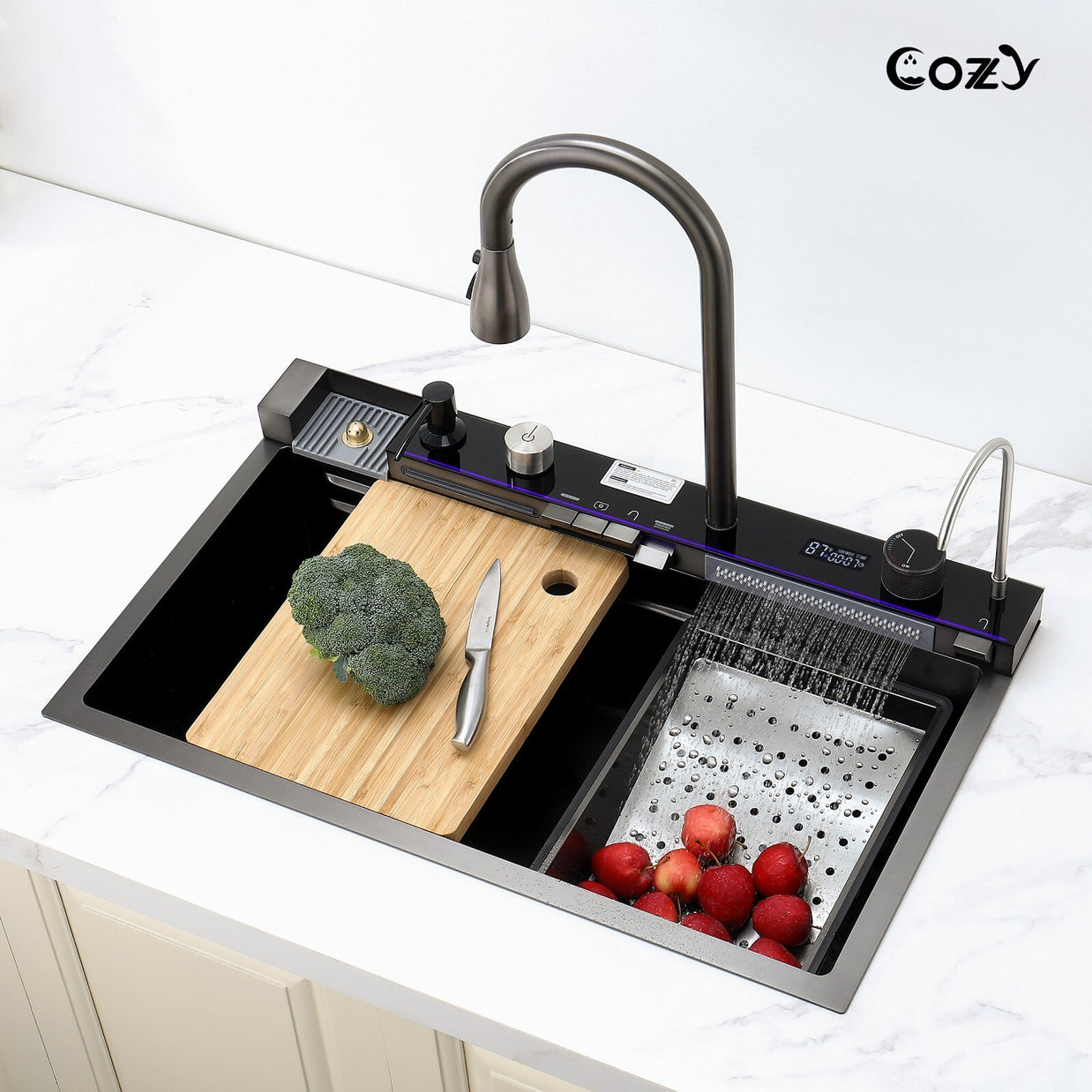 Cozy 29.5x17.7 Multifunctional Workstation Overmount Kitchen Sink Faucet Combo