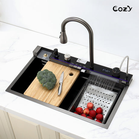 Cozy 29.5x17.7 Multifunctional Workstation Overmount Kitchen Sink Faucet Combo