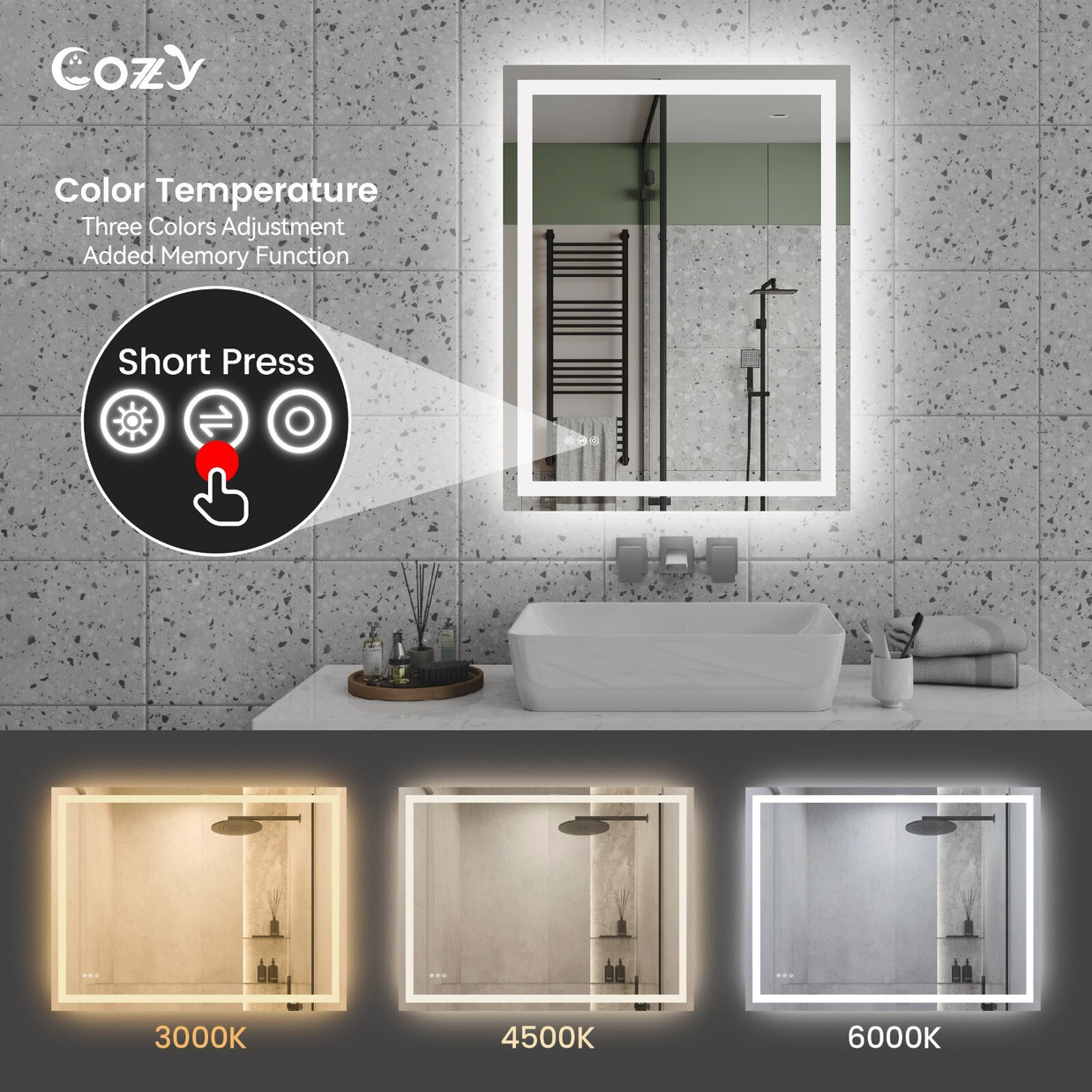 28x36'' LED Bathroom Mirror Wall Vanity Mirror Dimmable Anti-fog Tempered Glass