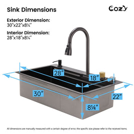 30x22 Cozy Multifunctional Drop-in Sink Pull-down&Waterfall Faucet&Cutting Board