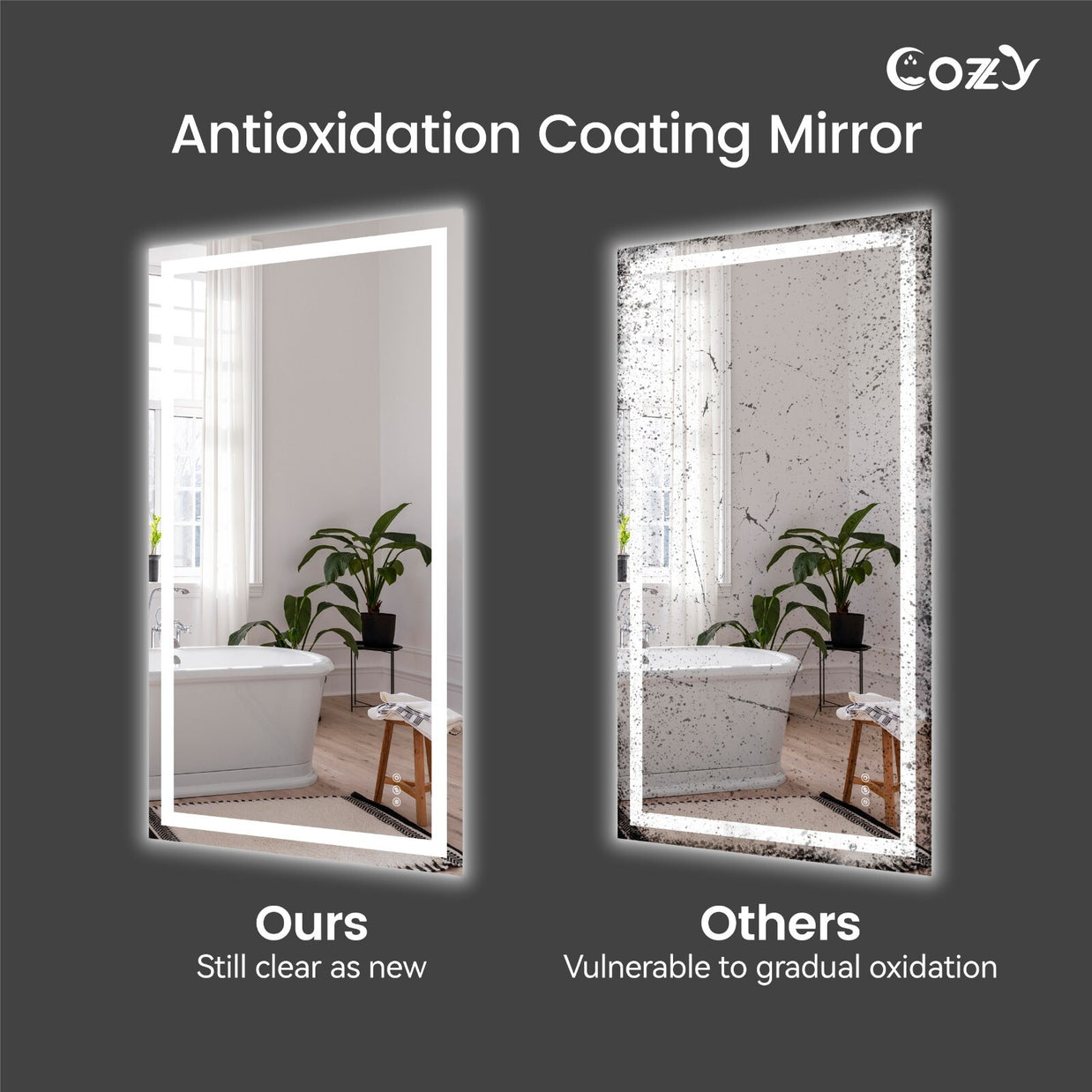 24x36'' LED Bathroom Mirror Wall Vanity Mirror Dimmable Anti-fog Tempered Glass
