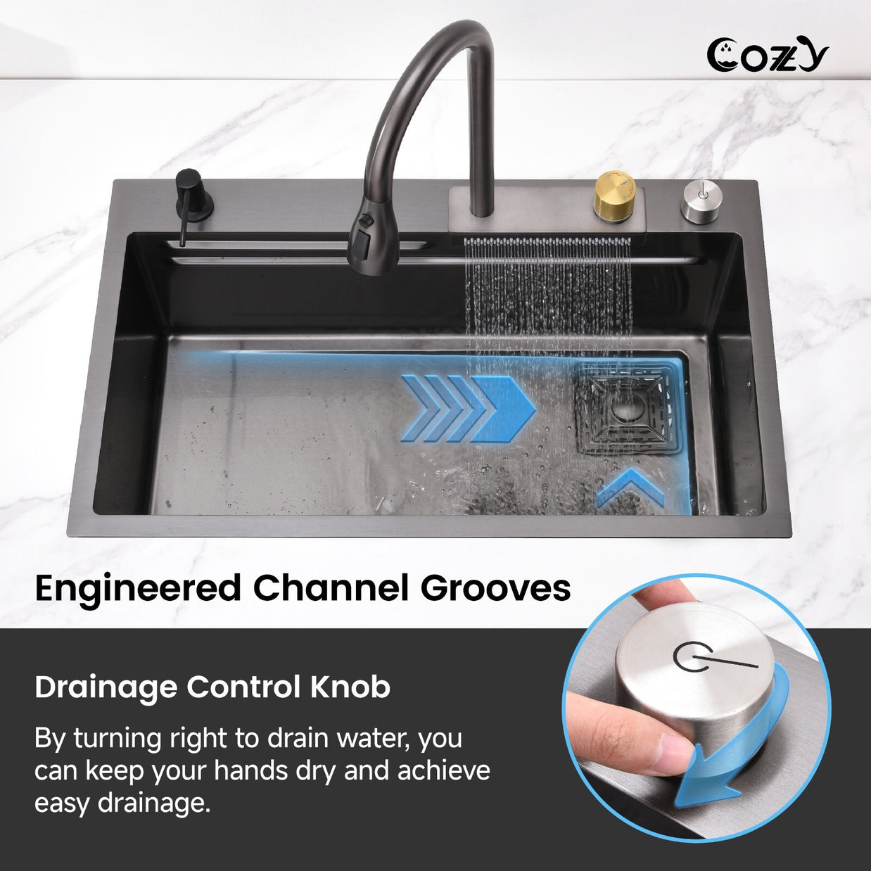 30x22 Cozy Multifunctional Drop-in Sink Pull-down&Waterfall Faucet&Cutting Board