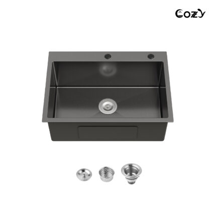 Stainless Steel Kitchen Sink, 27″x19″ Single Bowl, Overmount Handmade Sink in Black, with US Standard Drain and Hook, LS-SSBL01