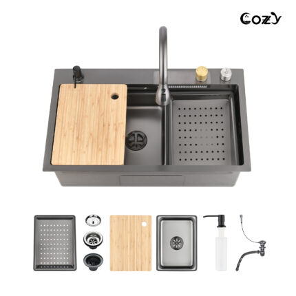 Stainless Steel Kitchen Sink, Black Single Bowl Waterfall Sink, Multifunctional Workstation with Flying-Rain Faucet and Cutting Board.