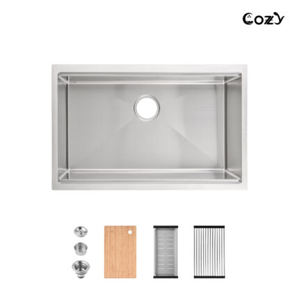 Stainless Steel Kitchen Sink, Single Bowl, Undermount Handmade Sink in Brushed, with Cutting Board, Colander.