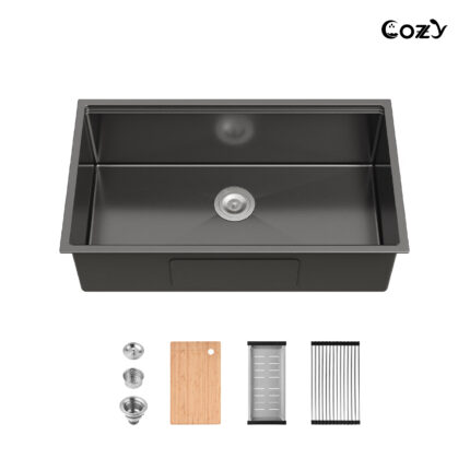 33″x19″ Stainless Steel Kitchen Sink, Single Bowl, Undermount Handmade Sink in Black, with Cutting Board, Colander, SS-BL07D-331908-2