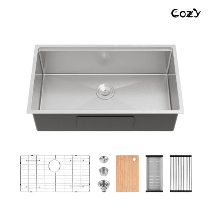 33″x19″ Stainless Steel Kitchen Sink, Single Bowl, Undermount Handmade Sink in Brushed, with Cutting Board, Colander, Grid,SS-BR-09