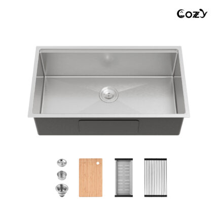33″x19″ Stainless Steel Kitchen Sink, Single Bowl, Undermount Handmade Sink in Brushed, with Cutting Board, Colander, SS-BR07D-331908