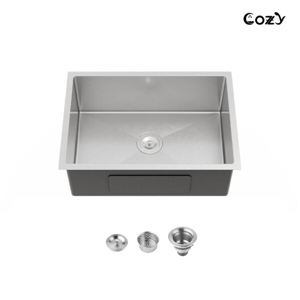 27″x19″ Stainless Steel Kitchen Sink, Single Bowl, Undermount Handmade Sink in Brushed Nickel, with US Standard Drain and Hook, SS-BR04D-271908