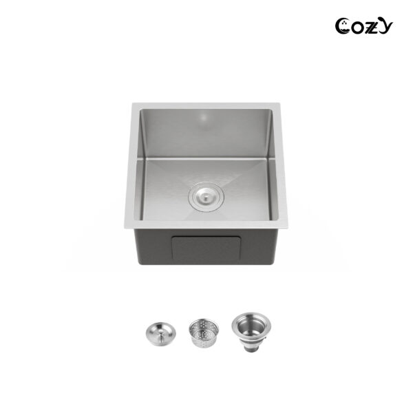 18″x18″ Stainless Steel Kitchen Sink, Single Bowl, Undermount Handmade Sink in Brushed Nickel, with US Standard Drain and Hook, LS-SSBR07
