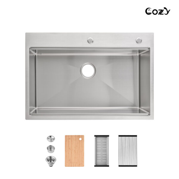 Stainless Steel Kitchen Sink, 33″x22″ Single Bowl, Overmount Handmade Sink in Brushed, with Cutting Board, Colander, SS-BR01D-332208