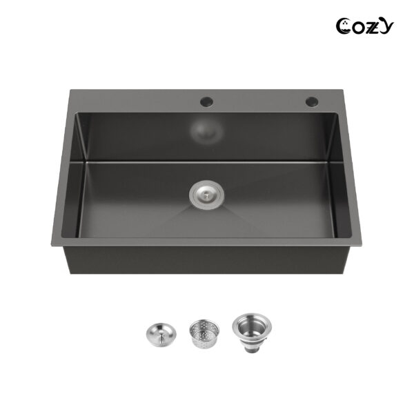 Stainless Steel Single Bowl Kitchen Sink 33x22 inch, 1-Piece Overmount Black with US Drain & Hook, SS-BL02D-332212