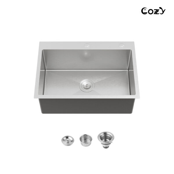 Stainless Steel Single Bowl Kitchen Sink 27x19 inch, 1-Piece Overmount Brushed with US Drain & Hook, SS-BR02D-271908