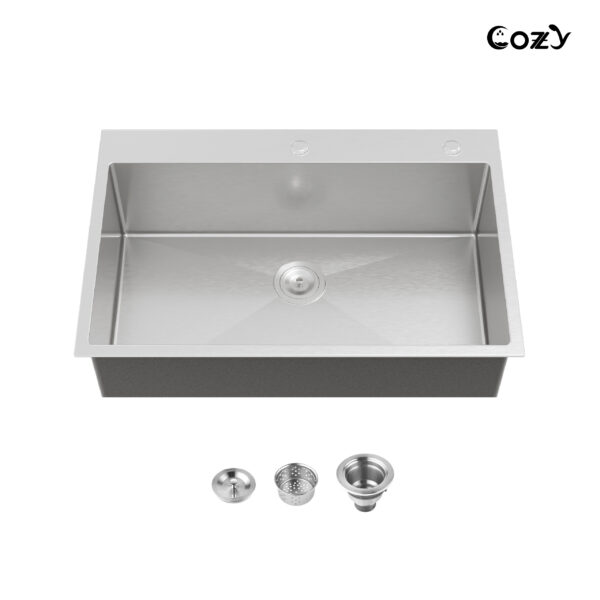 Stainless Steel Single Bowl Kitchen Sink 33x22 inch, 1-Piece Overmount Brushed with US Drain & Hook, SS-BR02D-332212