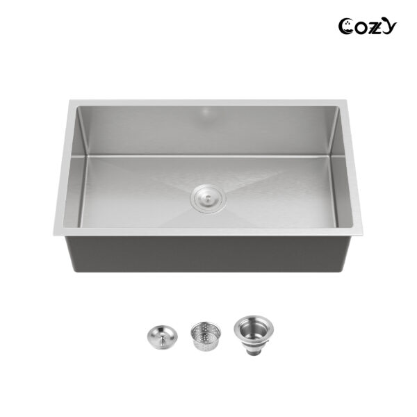 33x19 inch Brushed Nickel Stainless Steel Single Bowl Undermount Kitchen Sink with US Standard Drain and Hook, Model SS-BR04D-331912