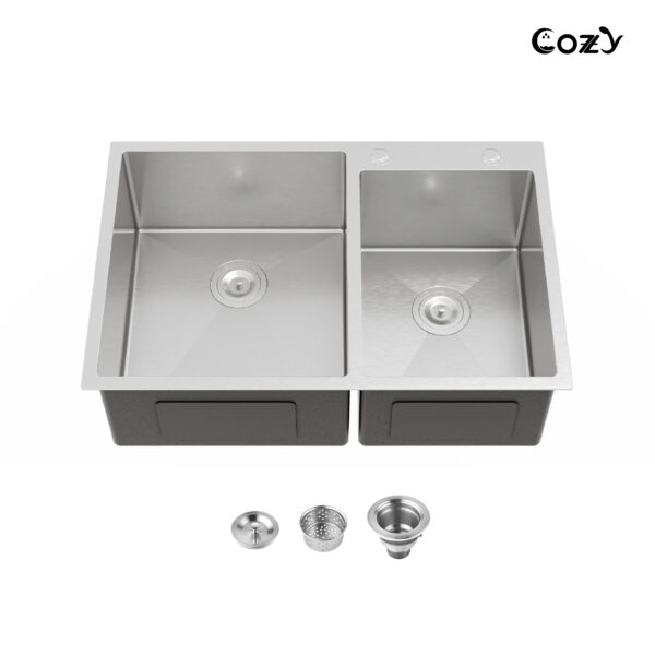 COZY 33″x22″ Stainless Steel Kitchen Sink, Double Bowl in Brushed Nickel, Overmount Handmade Sink, with US Standard Drain and Hook, SS-BR03D-332208