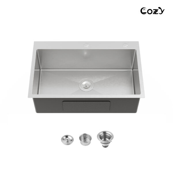 Cozy 30"x19" Stainless Steel Kitchen Sink, Single Bowl, Overmount Handmade Sink in Black, with US Standard Drain and Hook SS-BR02D-301908-A